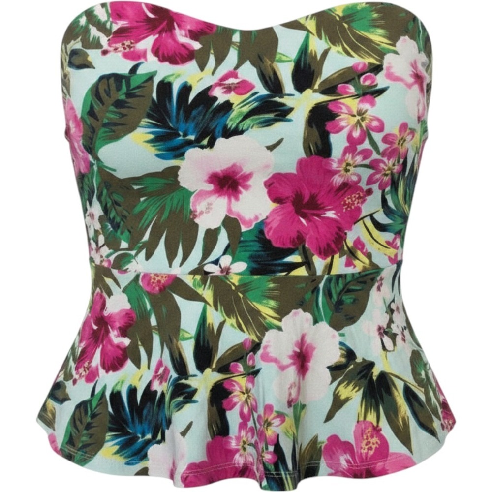 Express Top Womens S Blue Tropical Hibiscus Floral Strapless Peplum Tube Top Y2K
